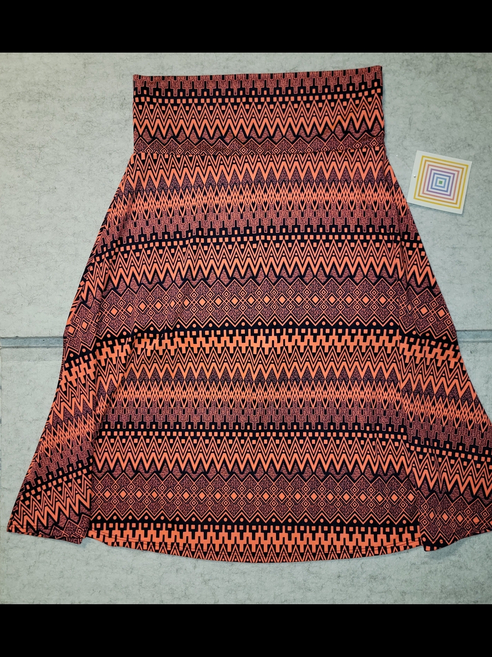 NWT LuLaRoe Azure Skirt Medium Orange Black Geometric Aztec Midi